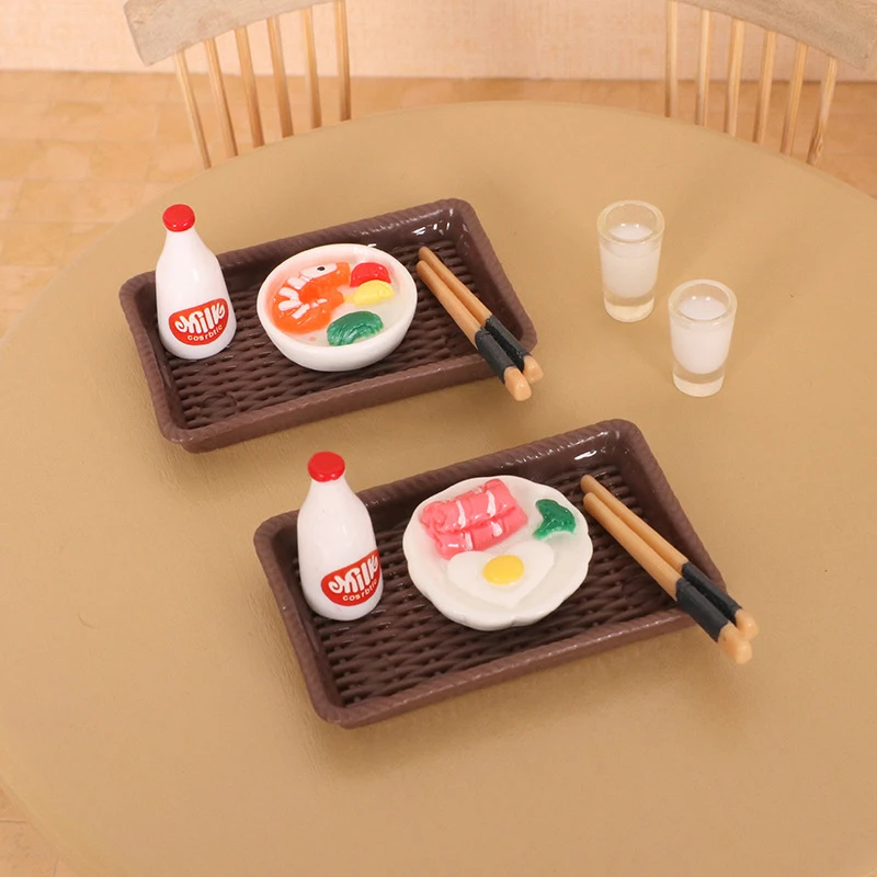 

1set Cute Resin Dollhouse Cartoon Simulation Mini Milk Chopsticks Plate Food Play Decoration Toy