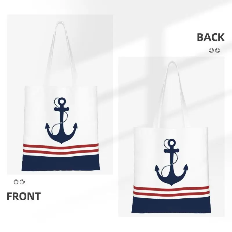 Custom Cute Print Nautical Navy Blue Anchor With Stripes Tote Shopping Bags Canvas Shoulder Shopper Sailing Sailor Handbag