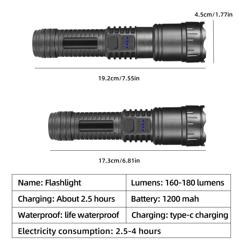 Super LED Flashlight Zoom Telescopic Tactical Flashlight Built-in Battery USB Charging Waterproof Light Super Bright Lantern