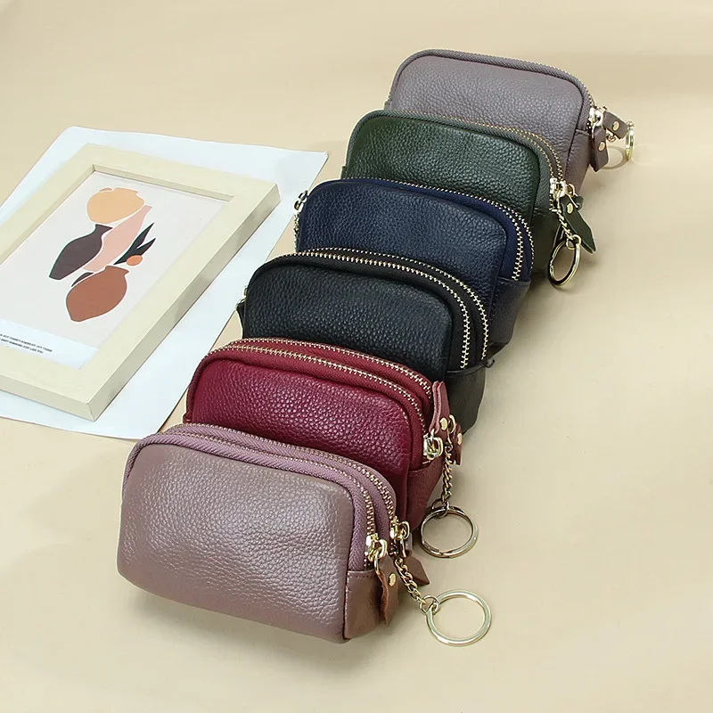 New Women's Top Layer Cowhide Minimalist Wallets Fashionable Mini Coin Purse Double Zipper Large Capacity Leather Clutch