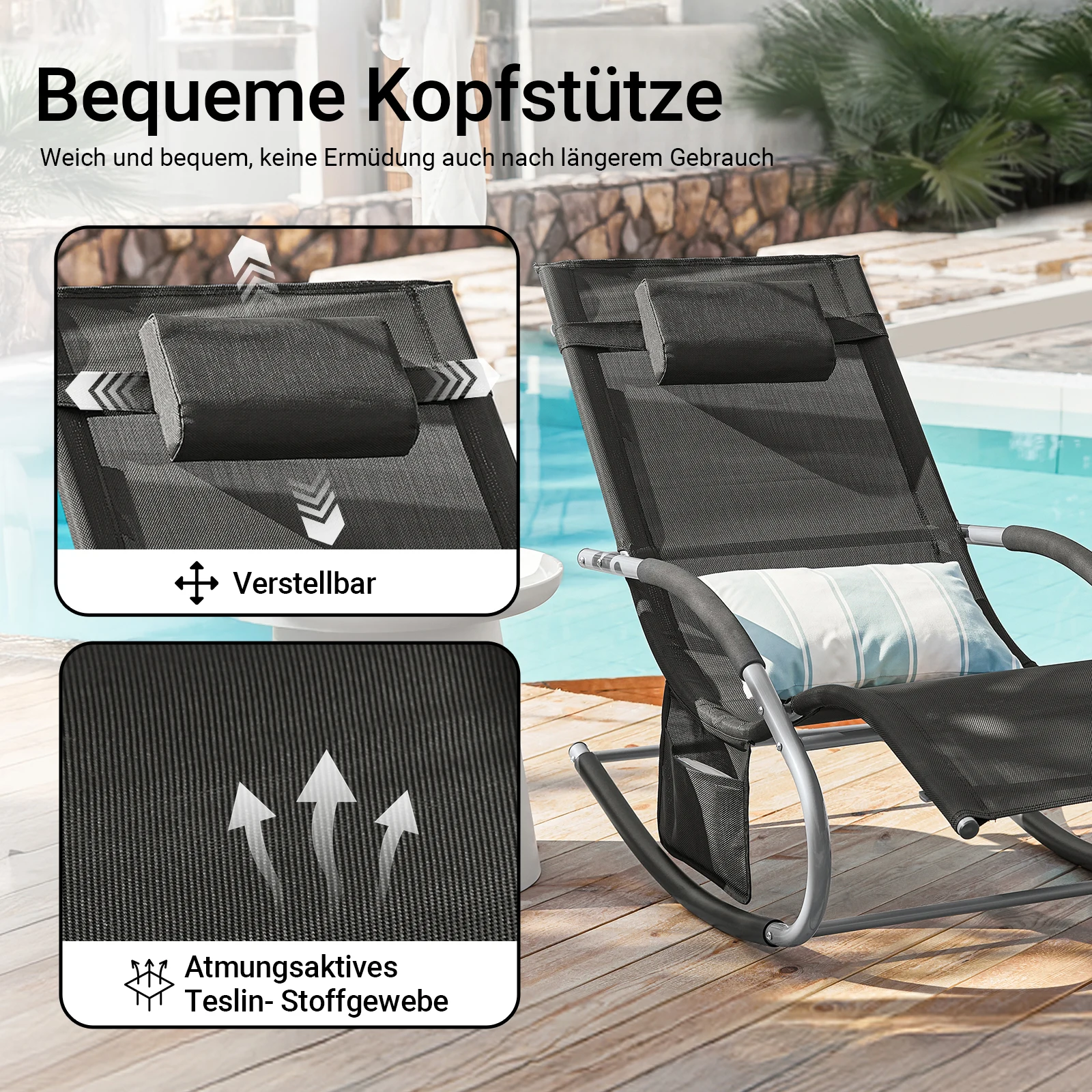SoBuy OGS28 Sonnenliege Gartenliege wetterfest Liegestuhl Schaukelstuhl mit Kopfkissen Outdoor Terrasse Balkon Camping bis 150kg – Detail 7