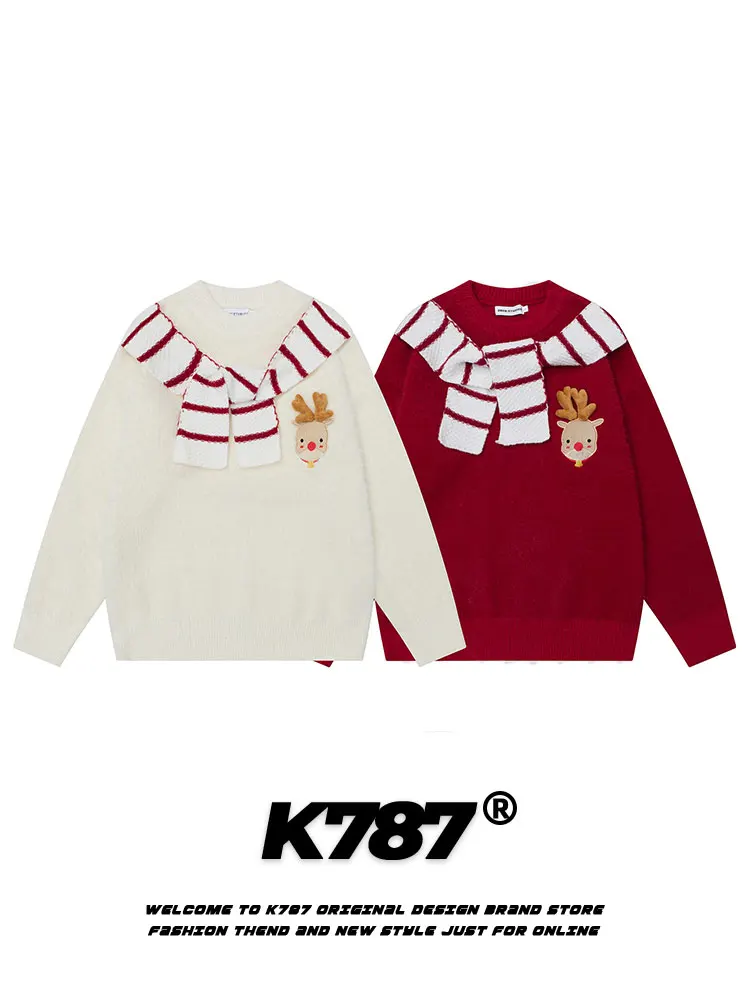 

Вязаный свитер K787 в ретро-американском стиле с оленьим узором, красный, для пар, праздничный, повседневный, с длинными рукавами, круглый вырез, Po...