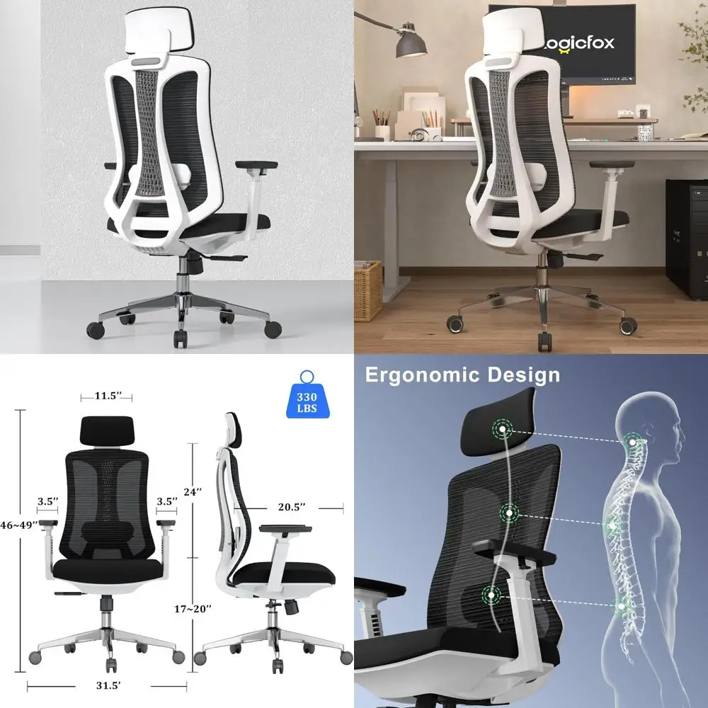 

White Ergonomic Mesh Chair with 3D Armrests, Adjustable Lumbar Support and Headrest for Office and Computer Desk Use