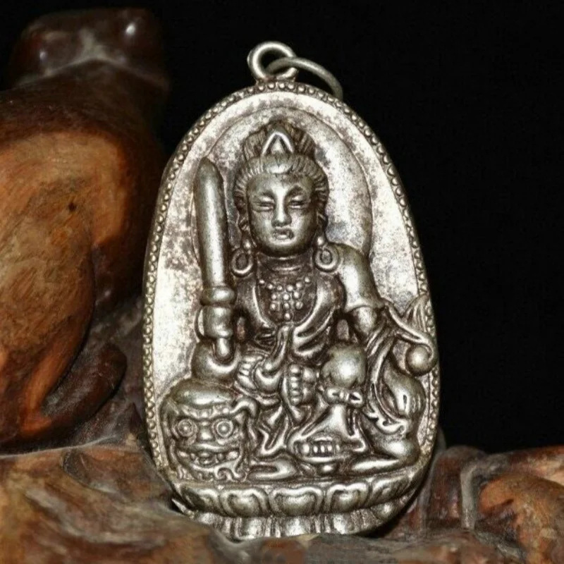 Old Tibet White Copper Buddhism Wenshu Kwan-yin Guanyin Lion Amulet Statue