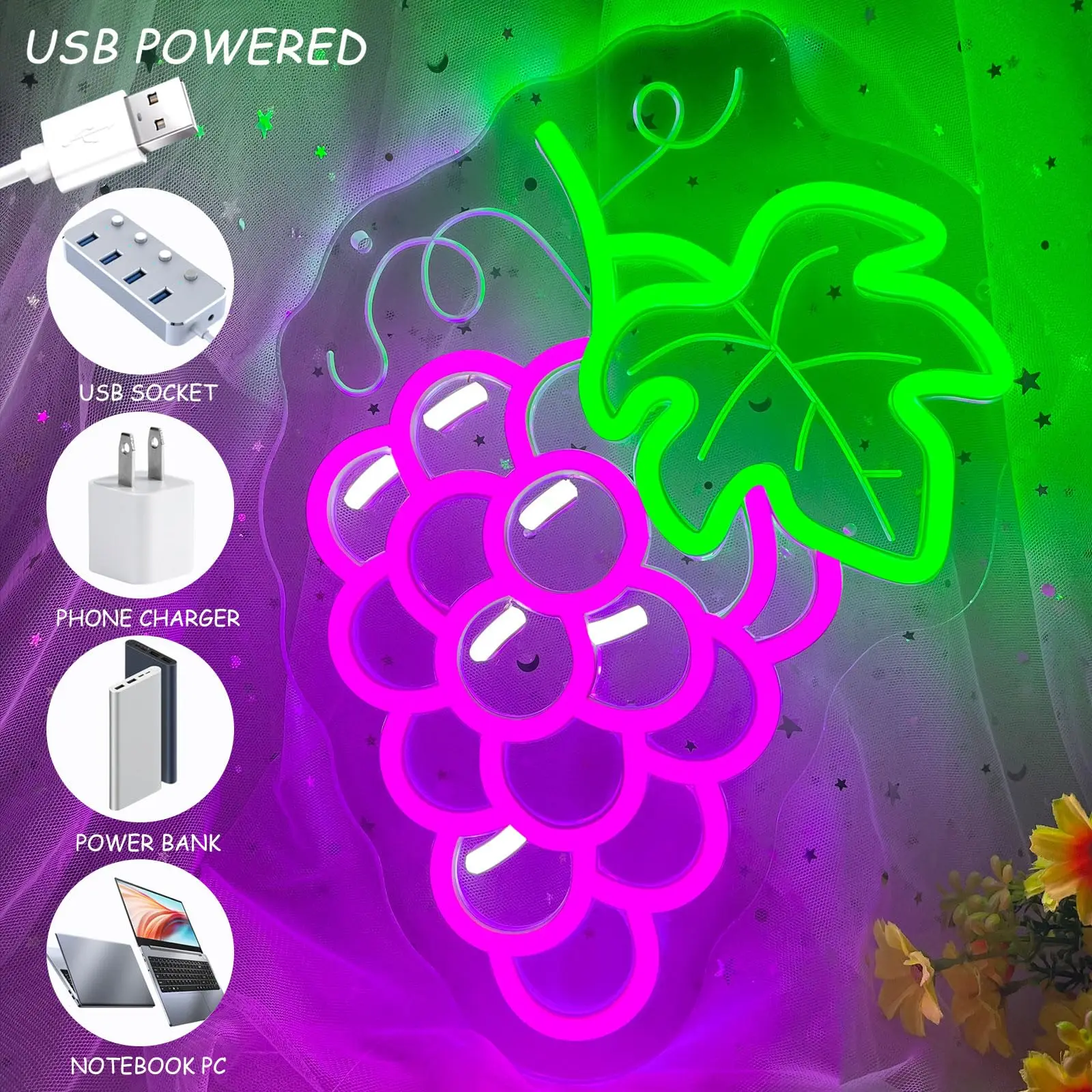 العنب النيون عكس الضوء الأرجواني الفاكهة تحت عنوان نابضة بالحياة LED تضيء للحائط غرفة الاطفال غرفة نوم مطعم بار الطرف #6