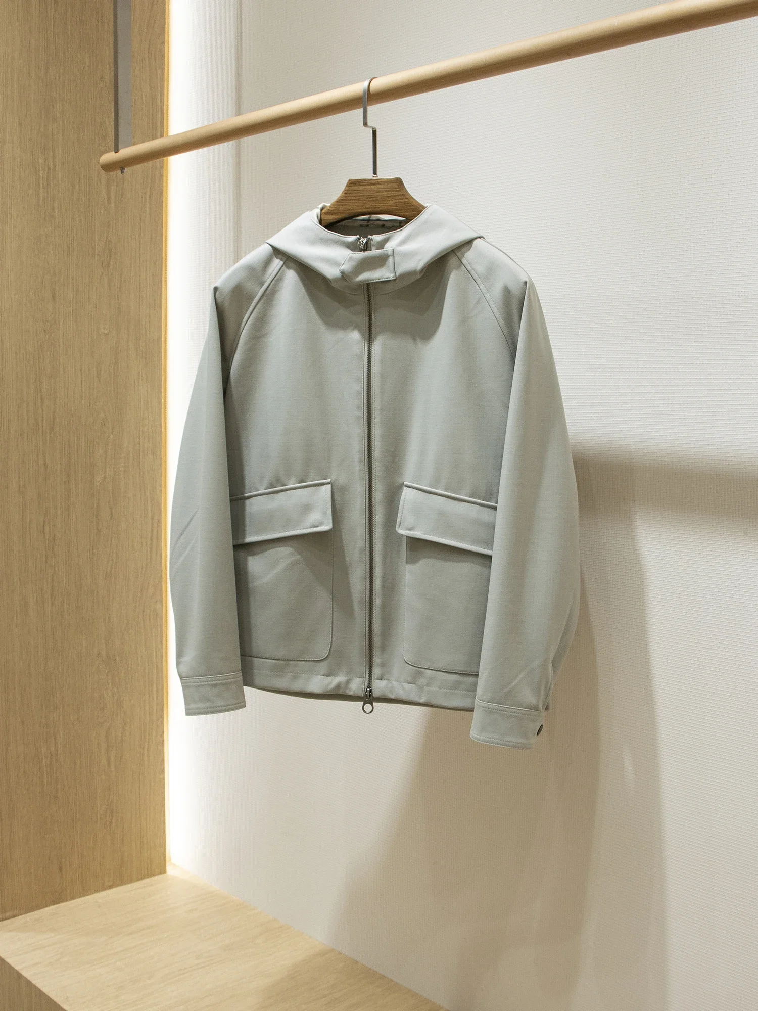 

Machine washable imitation wool three-proof fabric old money wind twill wool casual hooded jacket
