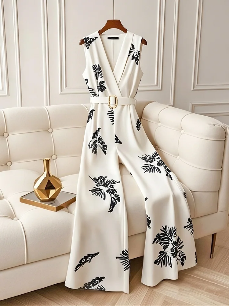 

Модные белые комбинезоны с винтажным принтом, весенне-осенние новые брюки на бретелях для женщин, свободные прямые широкие брюки с высокой талией