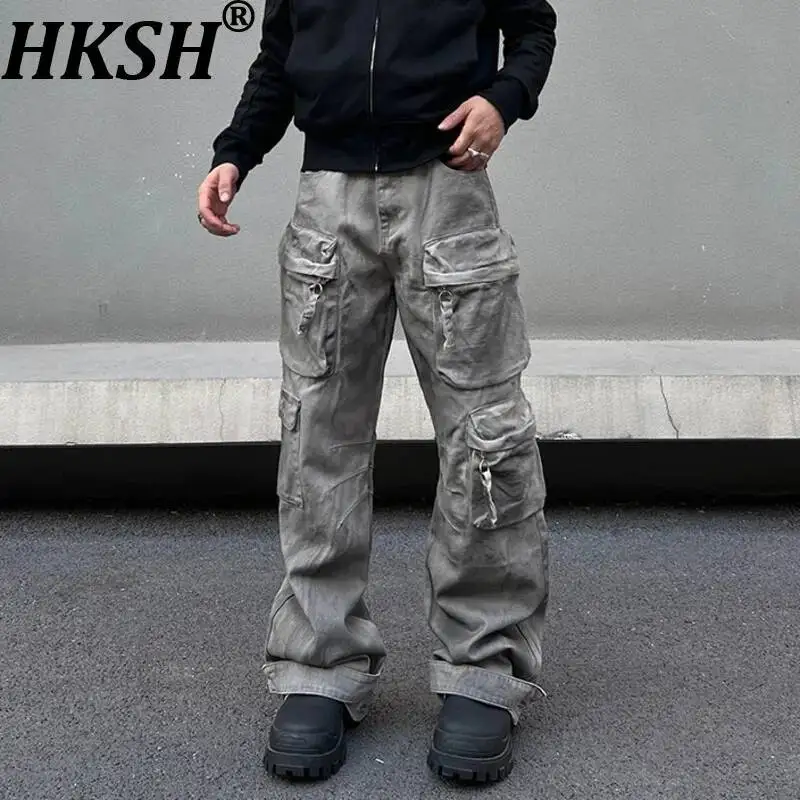 HKSH Men American Style Waste Land Vintage Distressed Dyed Jeans Niche Loose Straight Multi-Pockets Wide-Leg Denim Pants HK14539