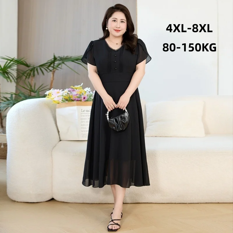 Summer Women Elegant Chiffon Dress Plus Size 8XL 7XL 6XL Fits150KG Thin Ethnic High Waist Calf-Length Black Casual Long Dress