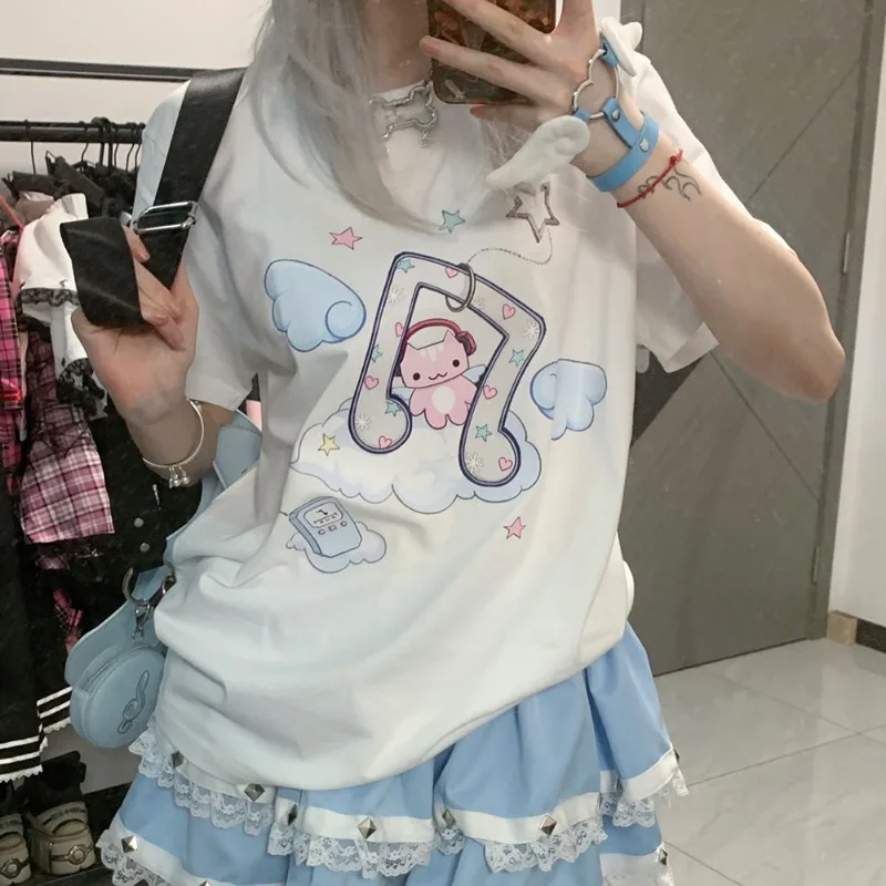 

Kawaii укороченные топы с мультяшным принтом Harajuku Lolita, футболки с короткими рукавами, женская уличная одежда Y2k, эстетичная облегающая футболка, винтажная гранж