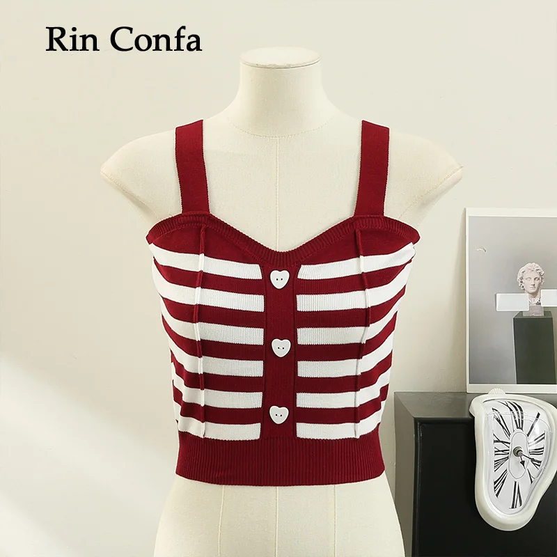 

Rin Confa Women Sweet Love Button Knitted Camisole Summer New Assorted Colors Stripe Tops Women Sexy V-Neck Slim Thin Crop Top