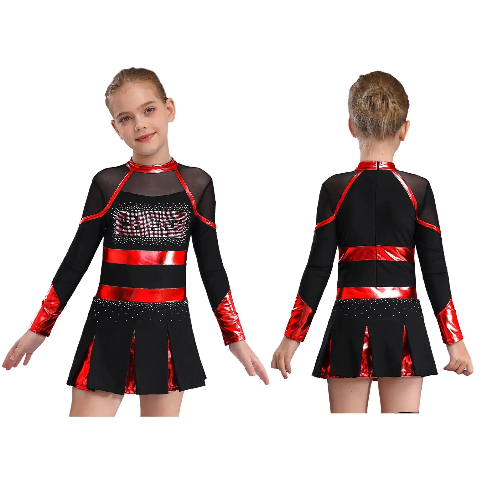 Kinder Mädchen Cheerleading Uniform Cheerleader Tanzkostüm Glitzernde Strasssteine Metallic Plissee Kleid mit 2 Stück Handblumen – Detail 5