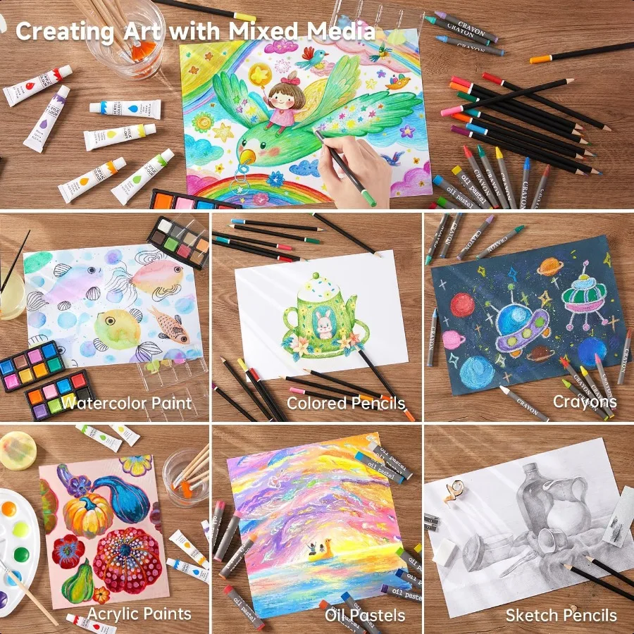 Deluxe Gift Art Kit 202Piece Wooden Art plies Set with 4 Drawing Pads Canvases Coloring Sheets Acrylic Paint Crayons Oil Pastel