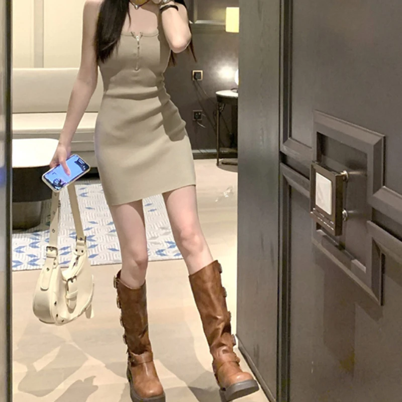 

Black Square Collar Camisole Dress, Summer Women's Waist Bag, Hip Skirt, Slim Fit Vest Dress