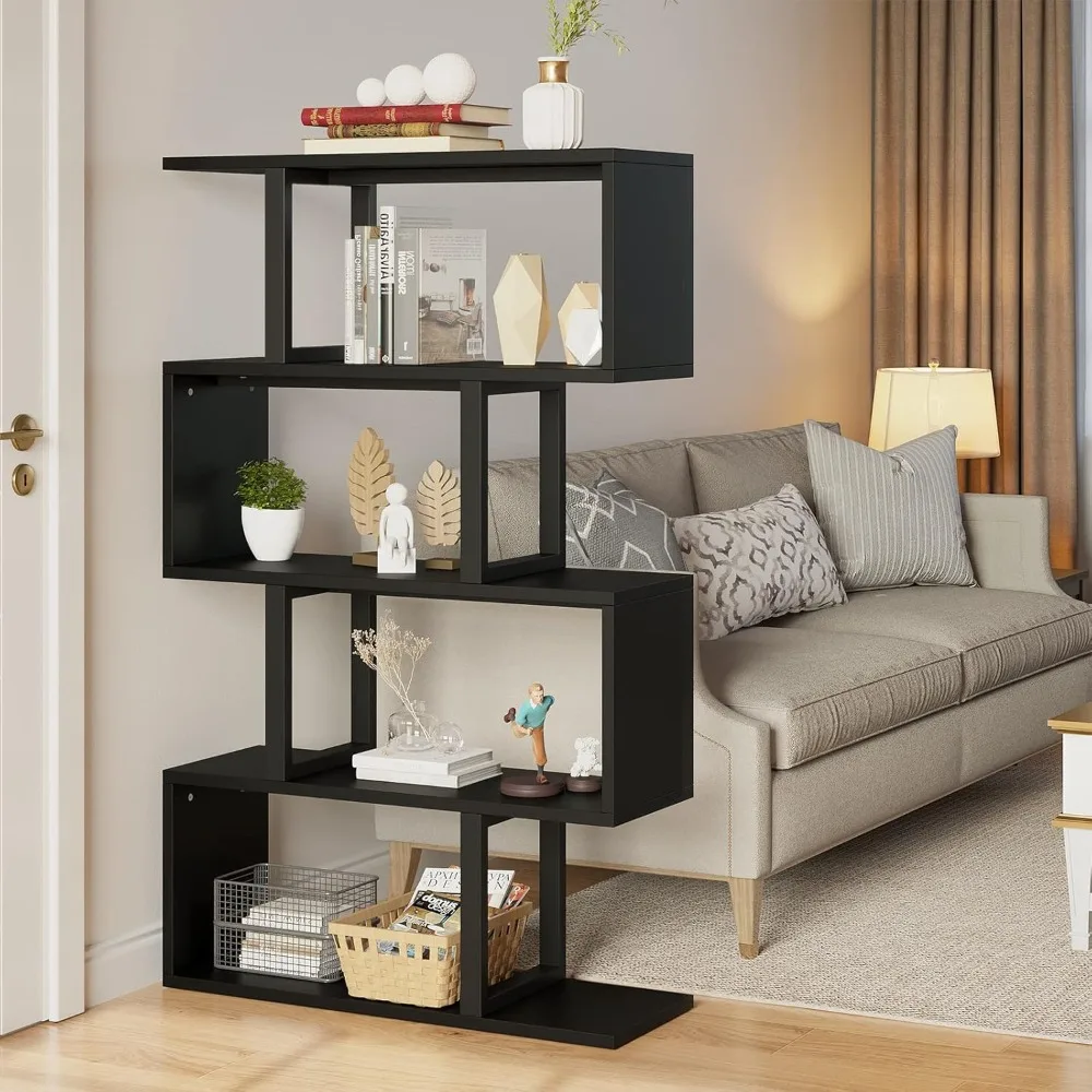 5-Tier Bookshelf, S-Shaped Z-Shelf Bookshelves and Bookcase, Modern Freestanding Multifunctional Decorative Storage Shelving