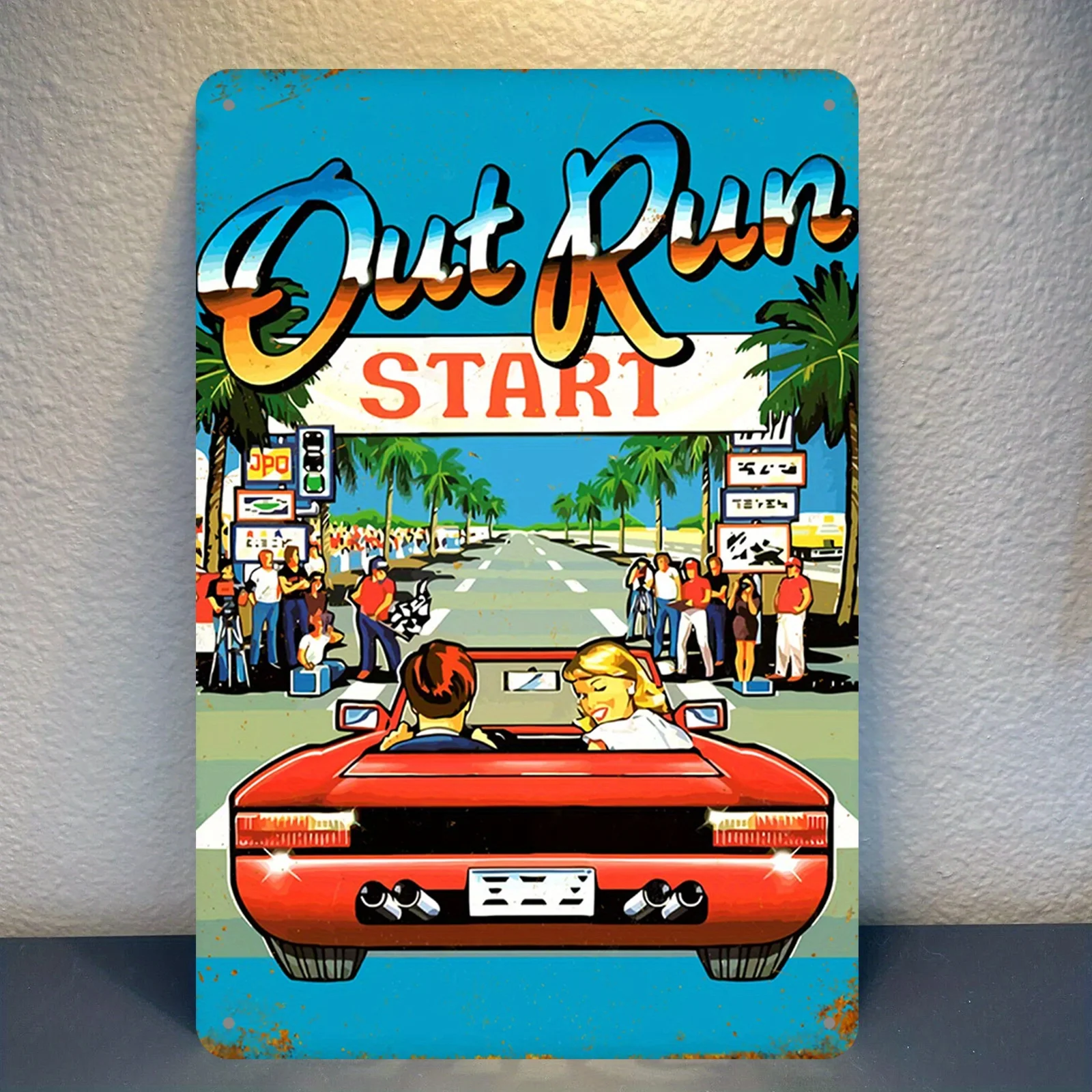 1Pc Vintage 2D Flat Style Out Run Start Metal Sign Retro Racing Game Red Car Tin Wall Art Poster Plaque Decor For Home Bar Garag
