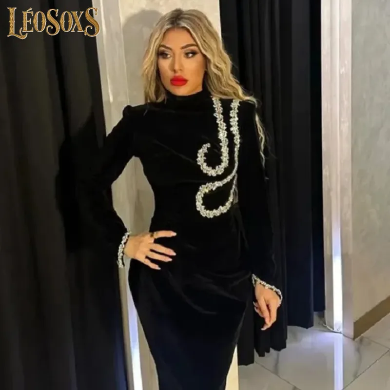 

LEOSOXS 2025 New Black Slim And Slim Beaded Long Sleeve Bandage Dress Long Dress Maxi Dresses For Women