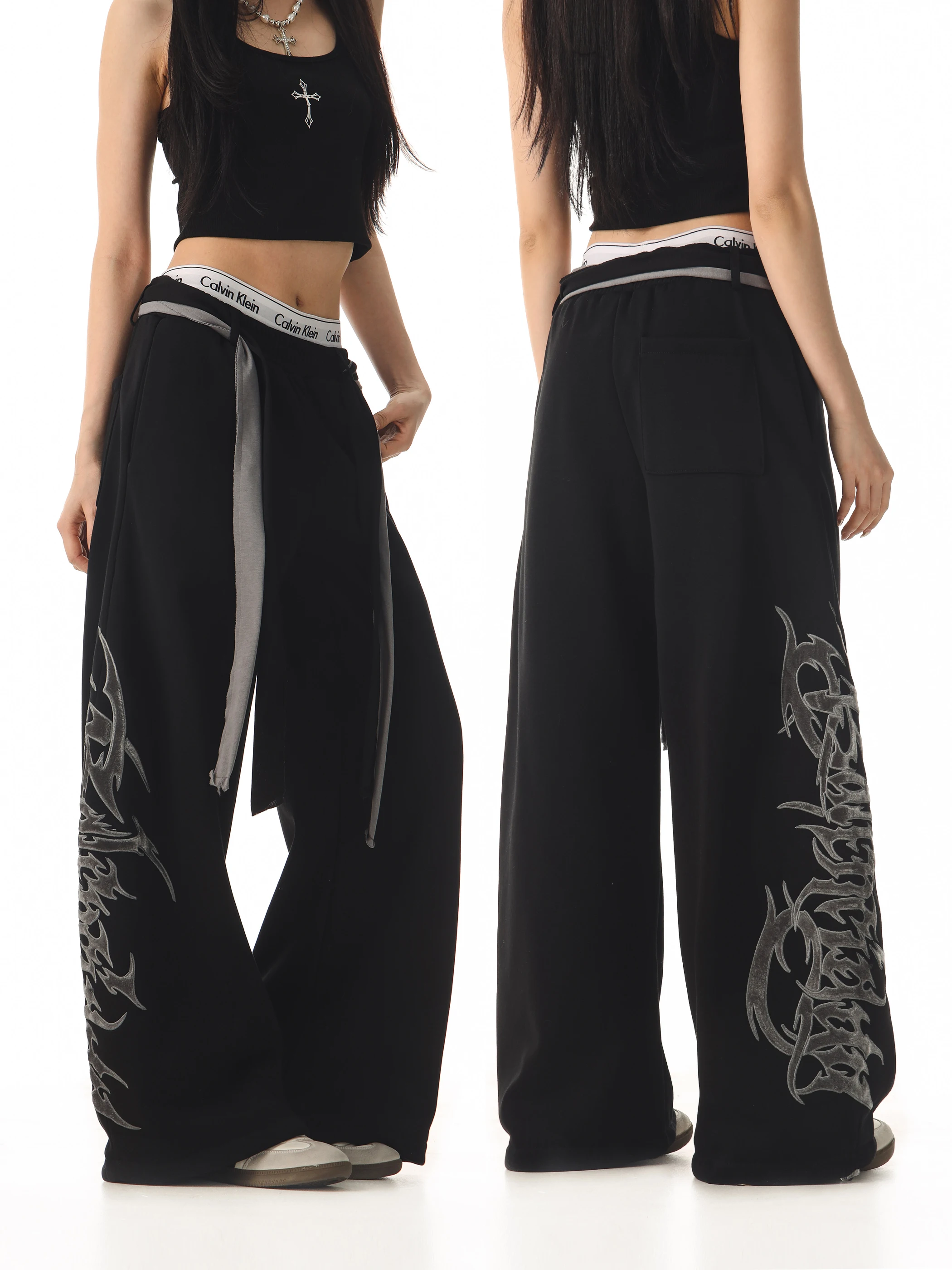 

Женские зимние повседневные брюки свободного кроя в стиле хип-хоп с вышивкой, на флисовой подкладке, с эластичным поясом, прямые штанины