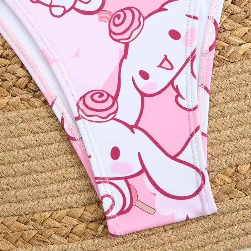 2Pcs Cartoon Cinnamoroll Print Bikini Set Women Pink White Halter Triangle Swimsuit Tie Side Two-Piece Bathing Suit Beachwear view 3