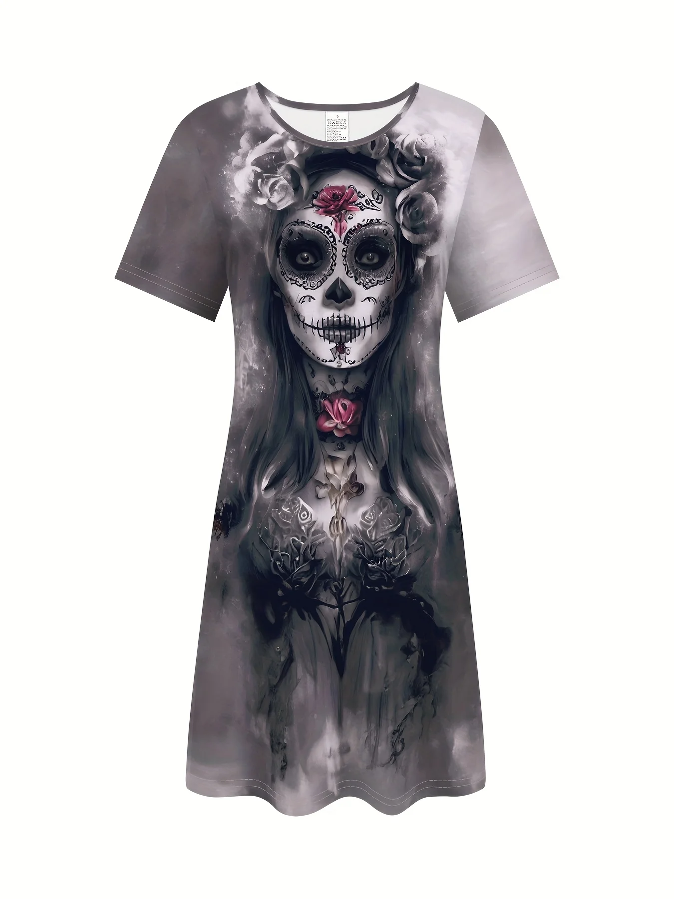 T-shirt gotica punk del giorno dei morti da donna, teschio e stampa floreale 3D, abito casual a maniche corte, top gotico, vestiti da donna Y2k