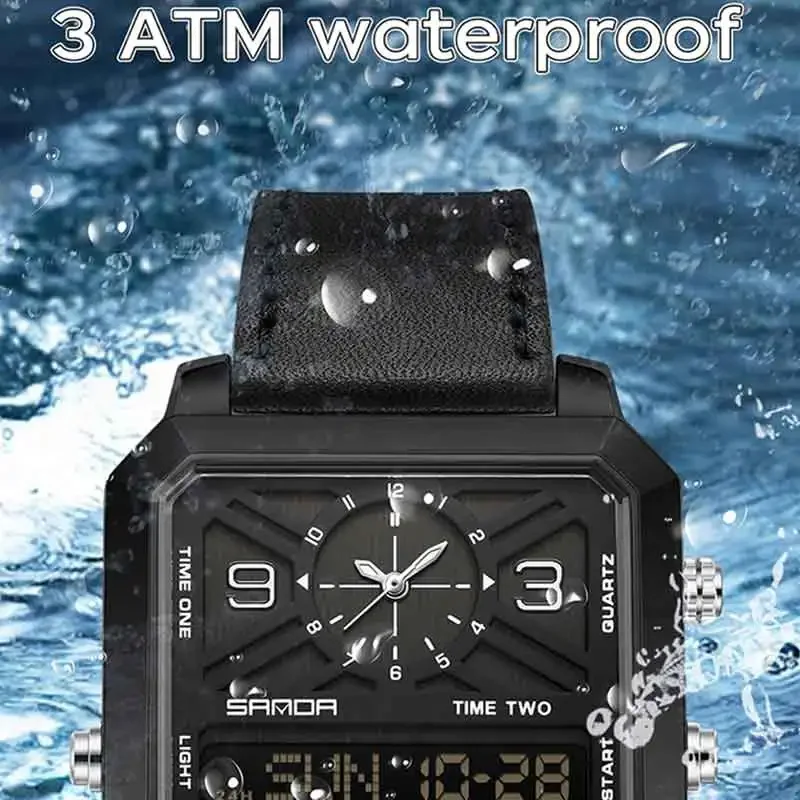 SANDA Business Sports Square Dual Display Men's Quartz Watch Waterproof LED Analog Digital Countdown Electronic Male Wristwatch