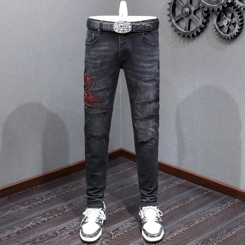 

High Street Fashion Men Jeans Retro Black Gray Stretch Skinny Fit Ripped Jeans Men Snake Embroidery Designer Hip Hop Brand Pants