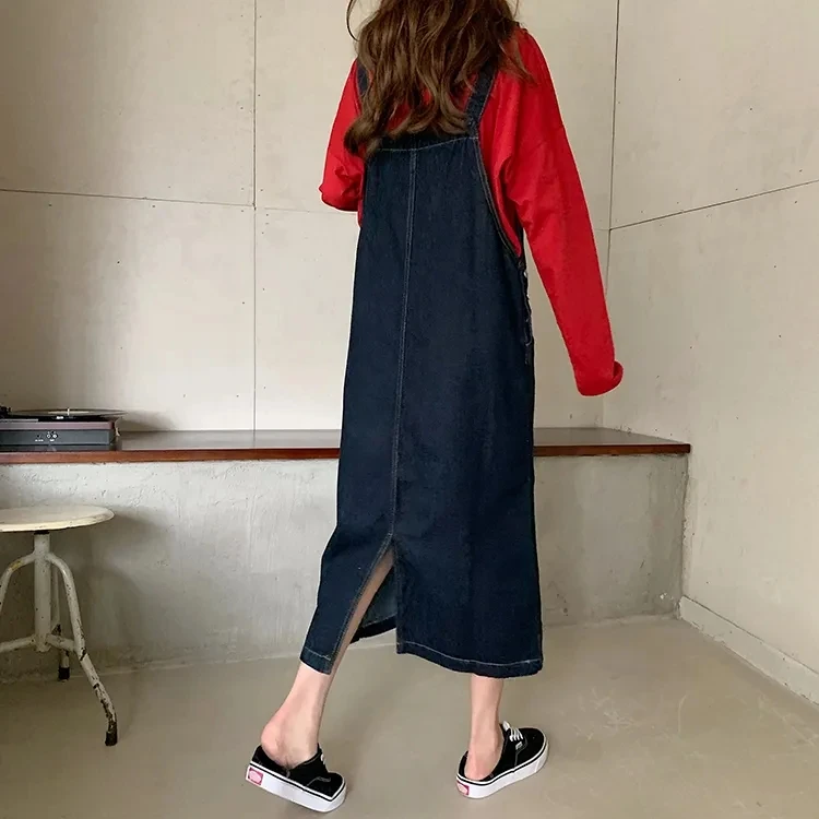 Rok Suspender gaya Preppy Vintage wanita, Rok Midi panjang longgar A-Line desain saku depan 2024