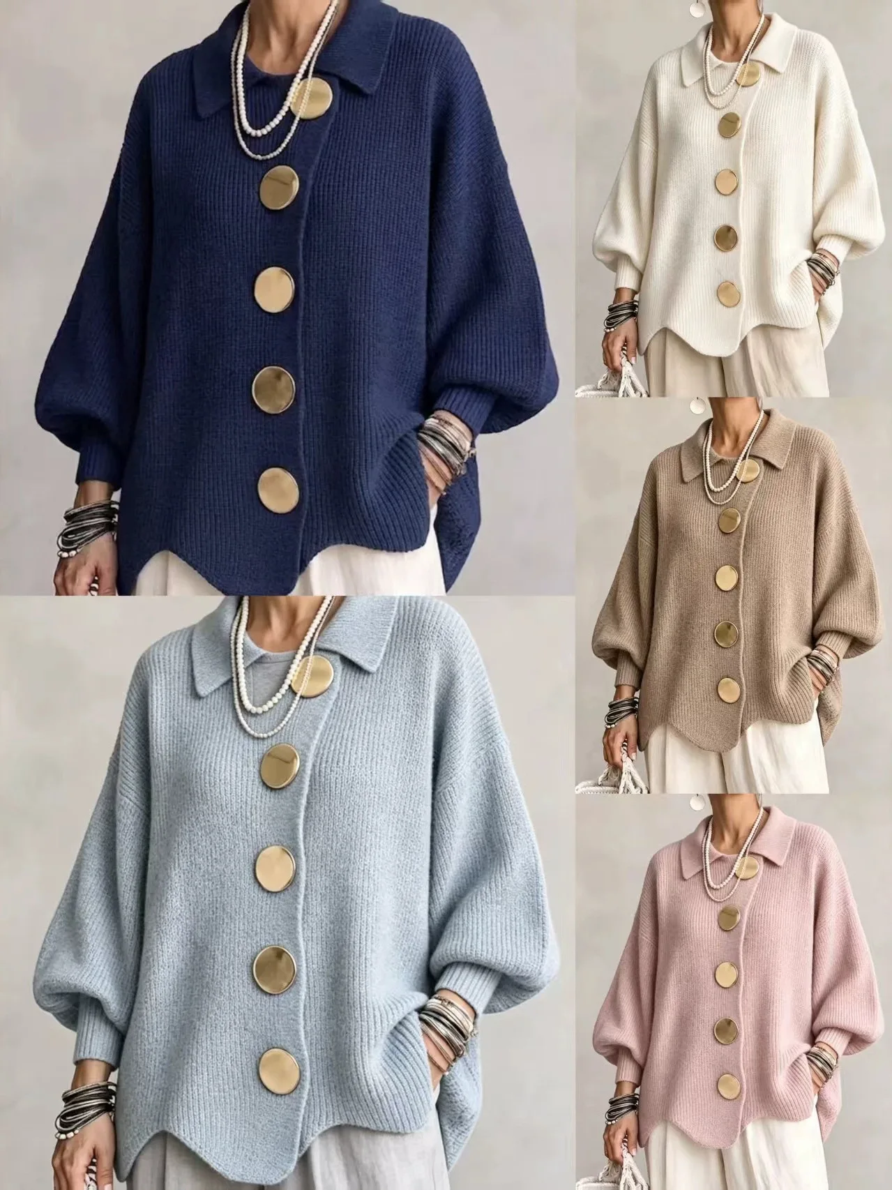 Women's Collar Button Knit Jacket Long Sleeve Polyester Fiber Winter Warm Thickened  Color Casual Comfortable Outerwear