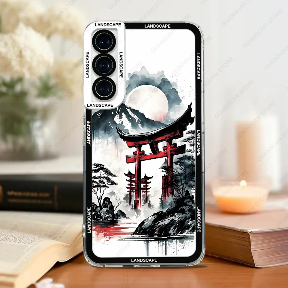 Case For Samsung Galaxy S20 S21 FE S22 S23 Ultra A13 A32 A33 A50 A52 A53 A73 A54 A14 Soft Cover Ink and Wash Landscape