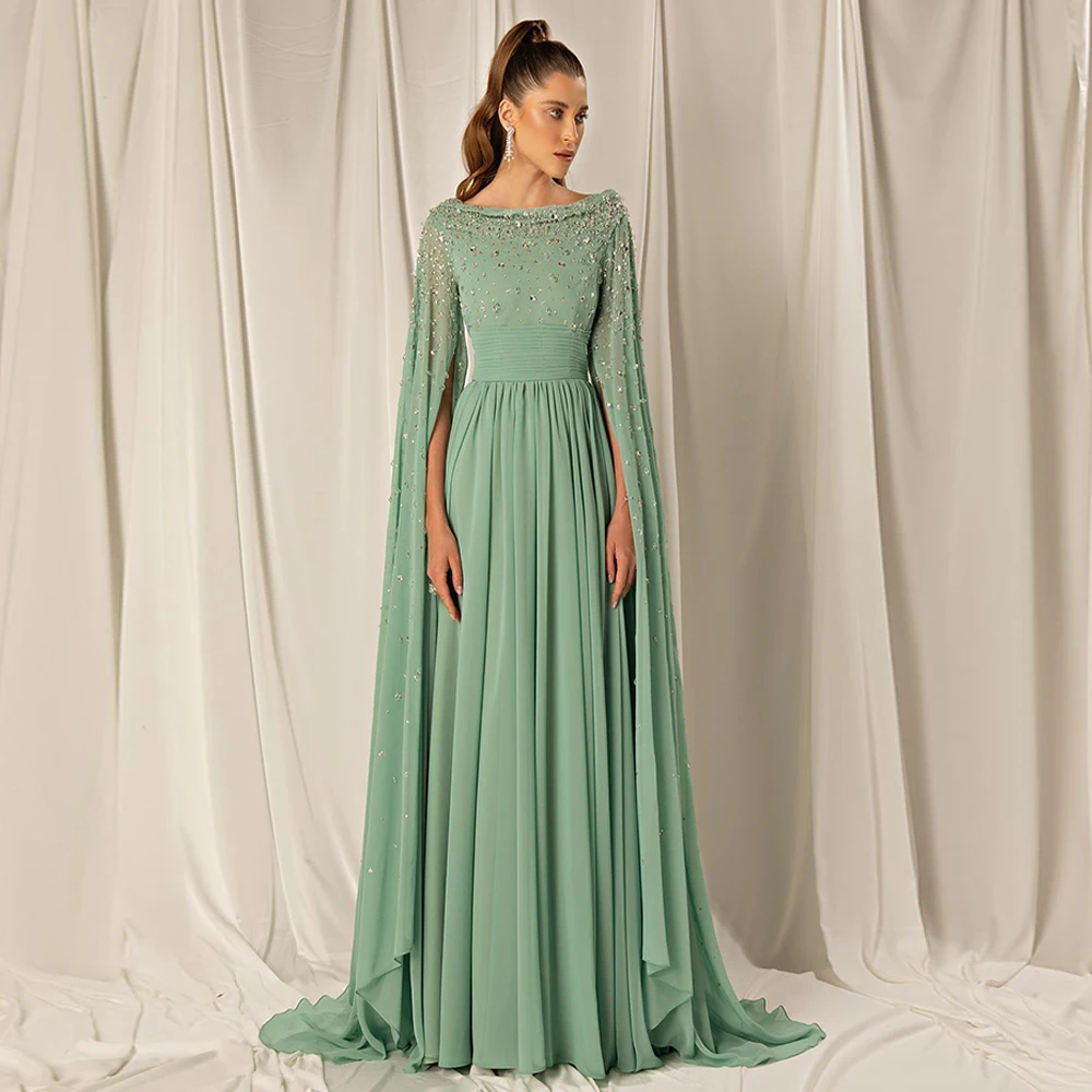 Luxury Mint Chiffon Prom Dress Scoop Neck Long Sleeve Cape Stones Crystal Pleat A Line Formal Party Gown Evening Dresses