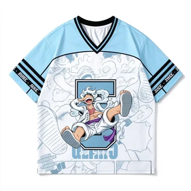 One Piece Luffy V-neck Anime Comic Cloud Pattern Line Art Sports Speed Drying Loose Leisure Mesh T-shirt