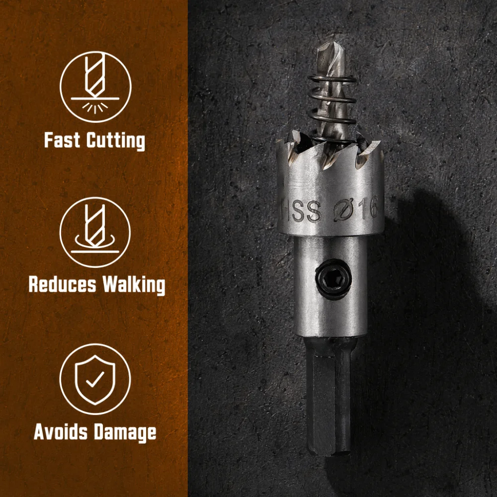 16mm Diameter Hole Saw Cutter 5/8 Inch Size High Speed Steel Drill Bit Set Carbide Teeth Split Tip Pilot Carbide Hole Saw