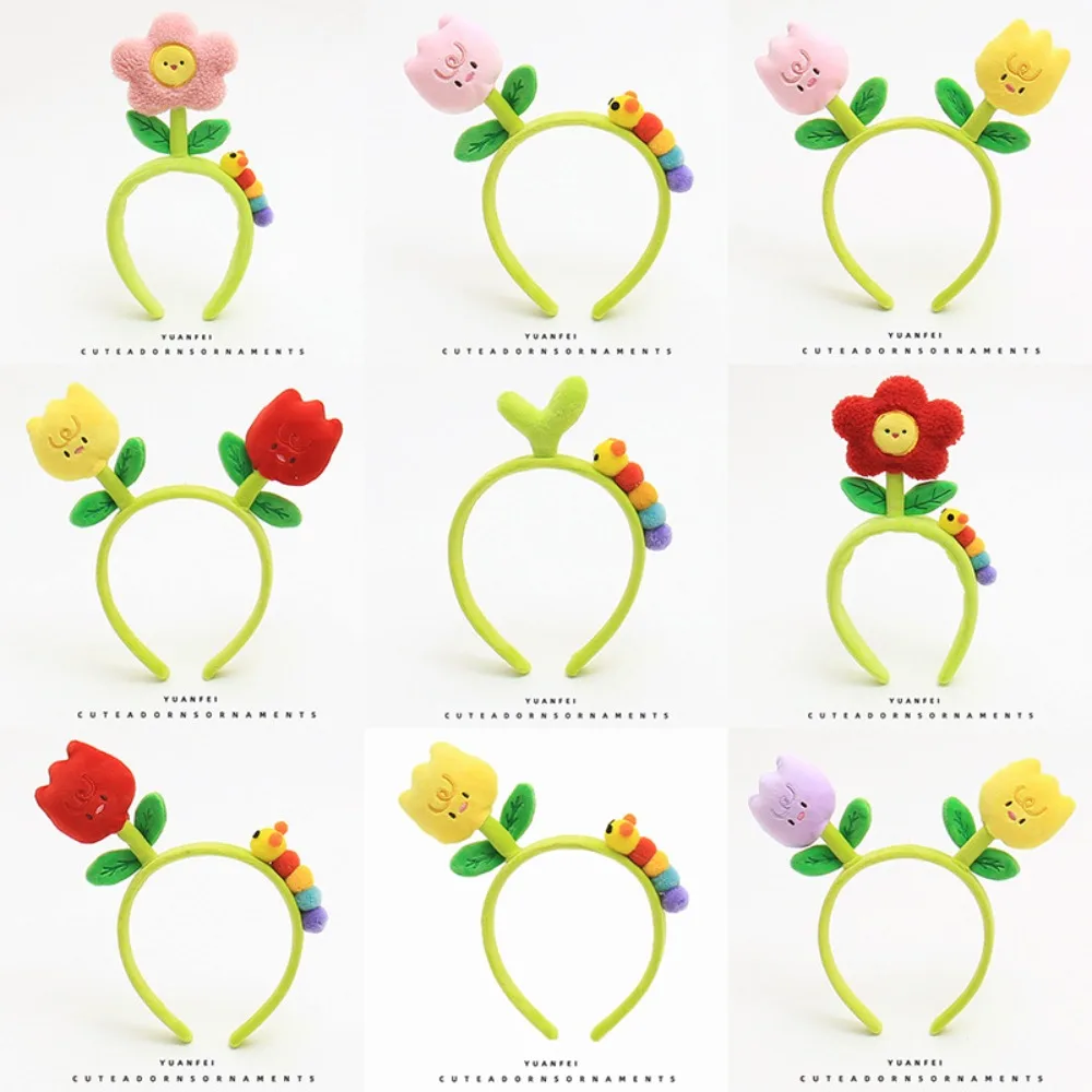 New Caterpillar Flowers Cartoon Headband Green Bean Average Size Flower HairClip Tulip Funny Headband Women