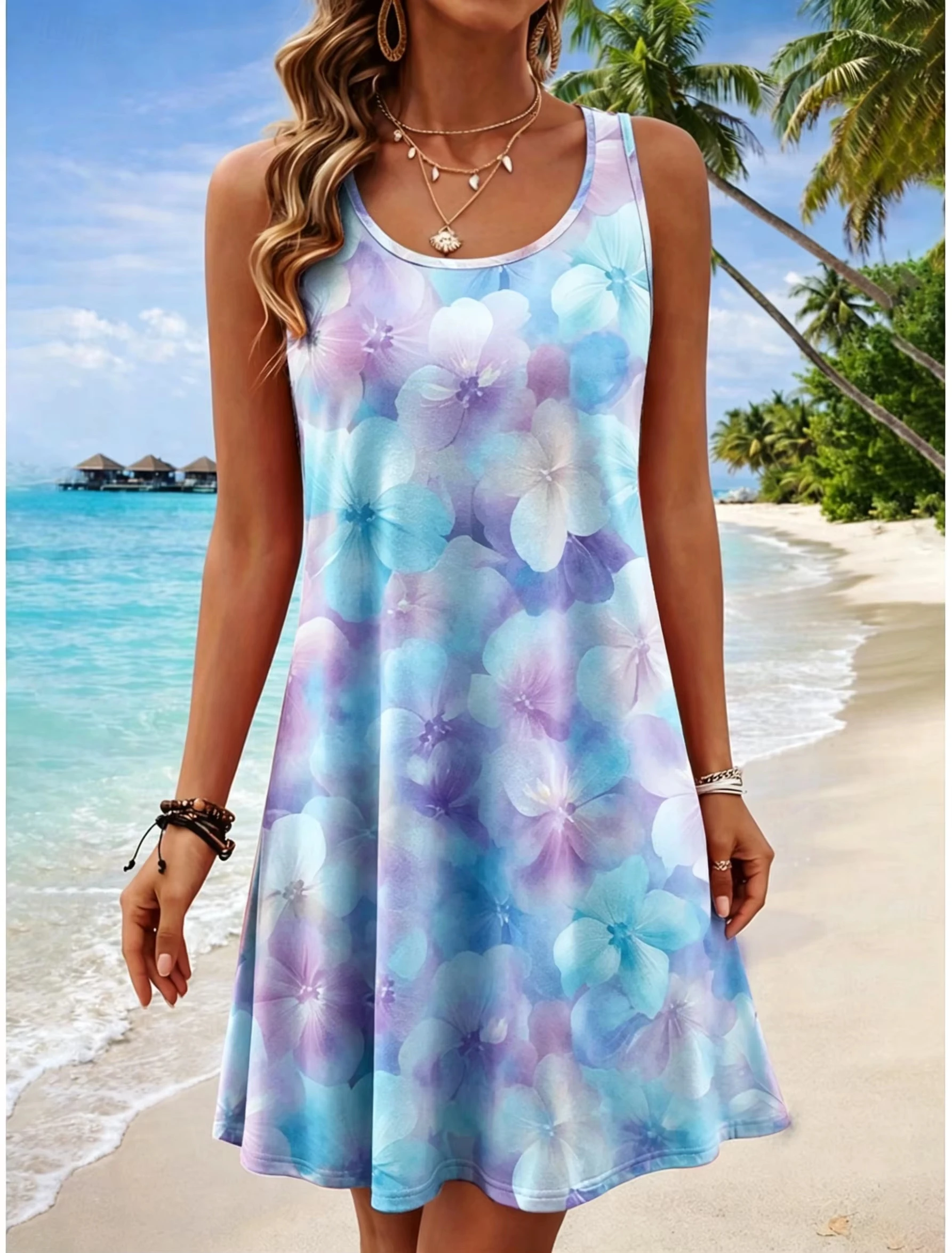 Übergröße Damen Rundhals Ärmelloses Tropisches 3D-Druck Freizeit A-Linien-Minikleid, Strand-Tanktop-Kleider für Frühling & Sommer