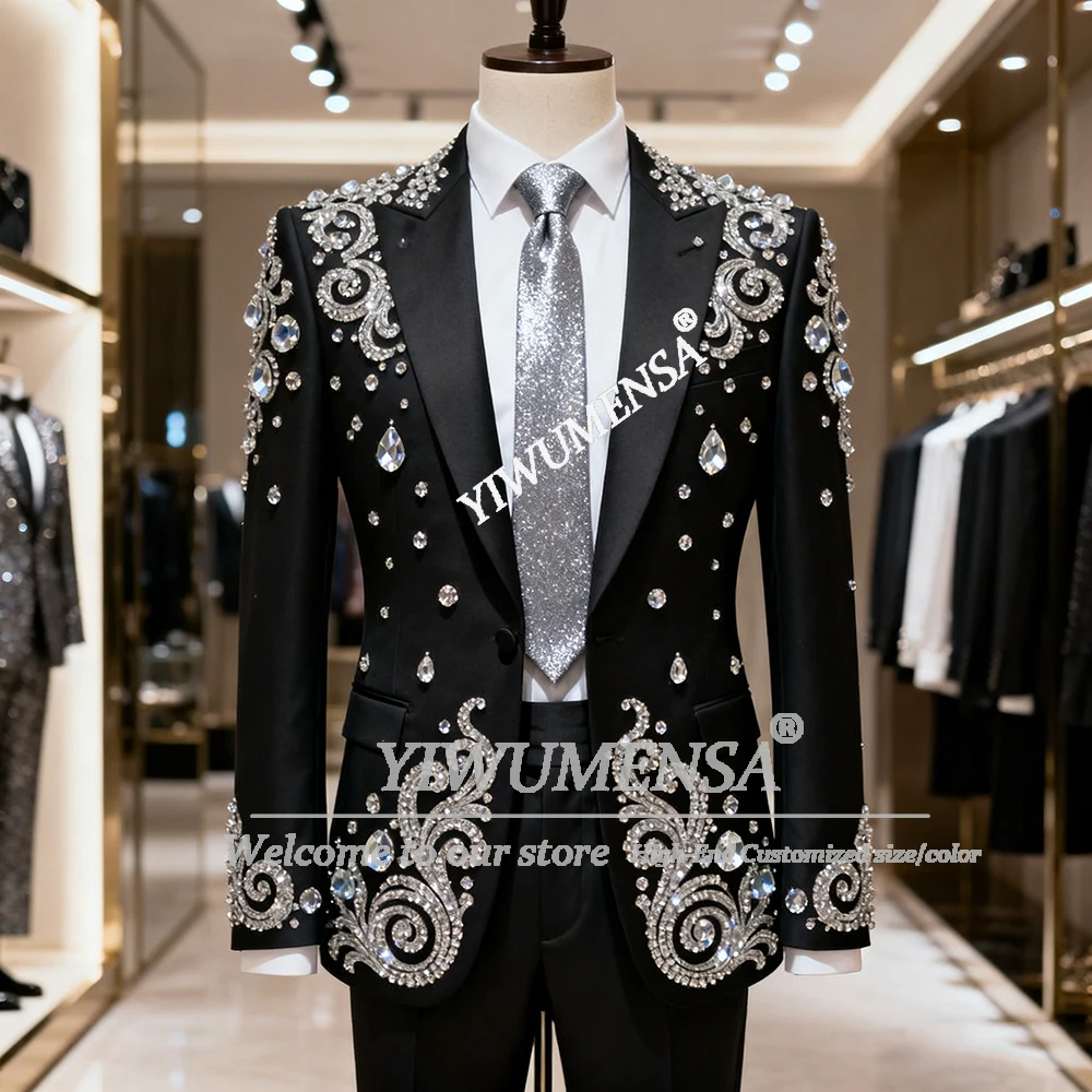 

Мужские костюмы с бусинами и камнями, комплекты из 2 предметов, пиджаки для выпускного вечера, индивидуальные мужские модные смокинги для жениха, наряды Ropa Hombre