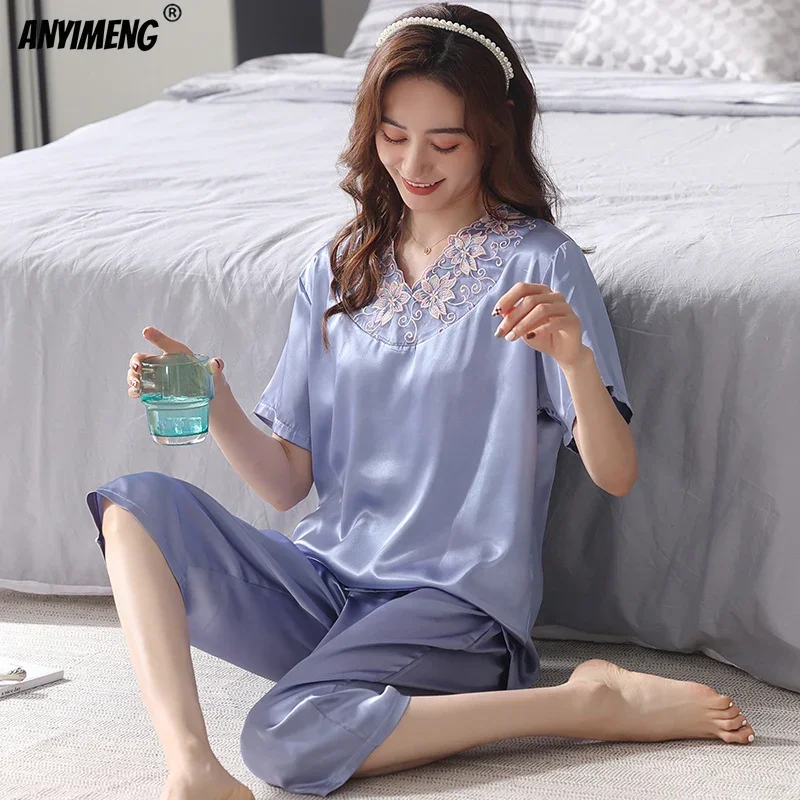 M-4XL Satin Silk Women Pajama Calf-length Luxury Lace Silky Sleepwear Elegant Woman Big Size Pijama Mujer Polyester Nightwear