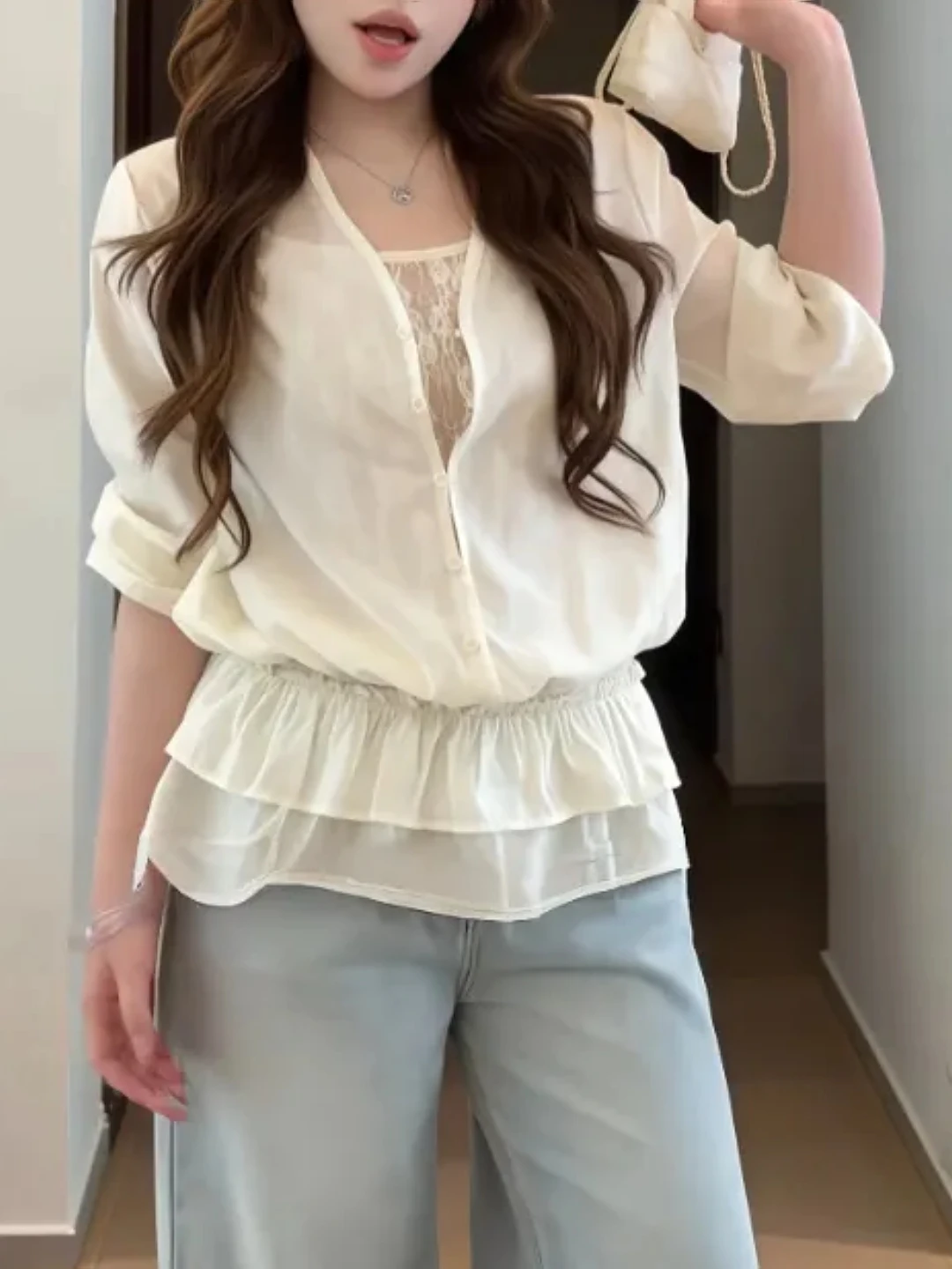 

plus Size Women's Lace V-Neck Blouse Summer New Loose Beautiful Top Fake Two-Piece Style Korean Style Breathable Polyester Fiber