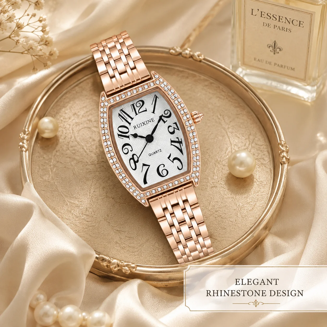 RUIXINE Women Quartz Wrist Watch Tonneau Barrel Shape Case Sparkling Rhinestone Bezel Vintage Arabic Numeral Dial Elegant Watch
