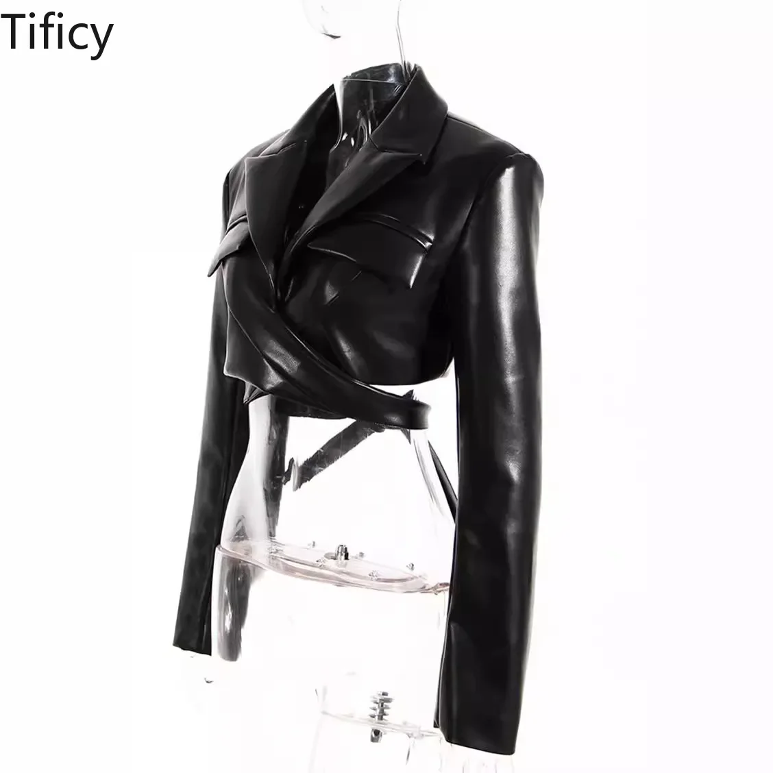 TIFICY-Veste courte en cuir PU pour femme, petit blazer, entièrement ouvert, bretelles croisées Aura, cintré à la taille, poitrine révélatrice, manches longues