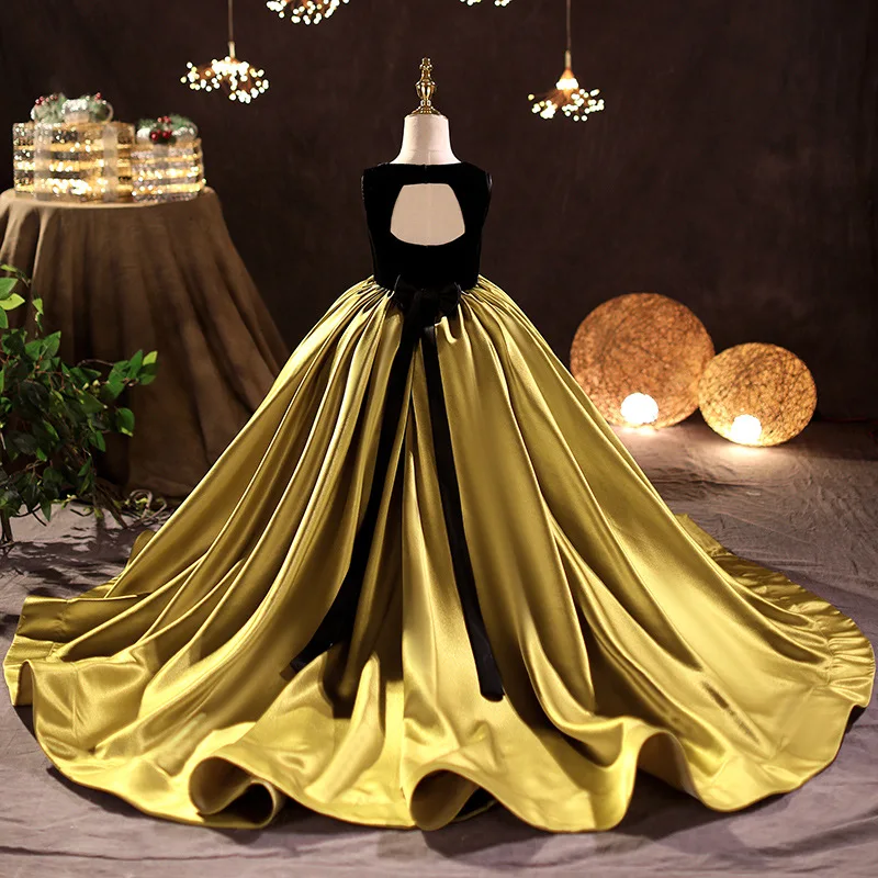 Elegant Girls Fancy Dress Black Golden Long Tail Frock Backless Design 2 to 14 Year Old Kids Party Gown For Child