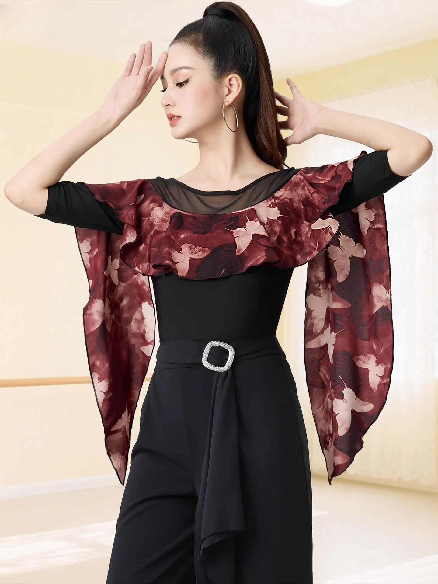 새로운 현대 댄스 탑 패션 인쇄 라틴 댄스 의류 우아한 크루 넥 라틴 댄스 의류