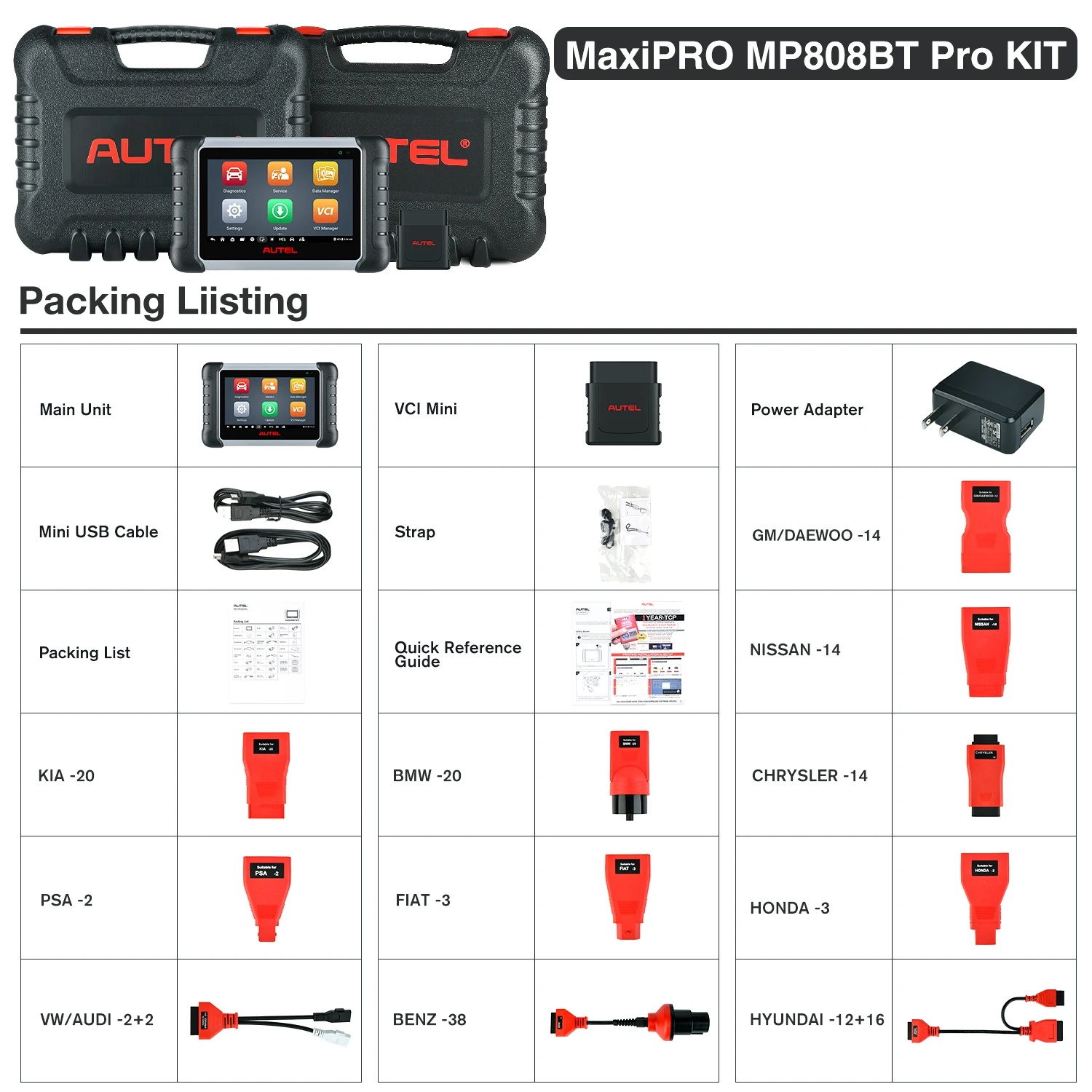 Autel MaxiPRO MP808BT Pro Kit OBD2-diagnosetool ECU-codering Vernieuwen Verborgen, VAG-geleide, 38+ diensten Upgrade van MP808S MP808BT