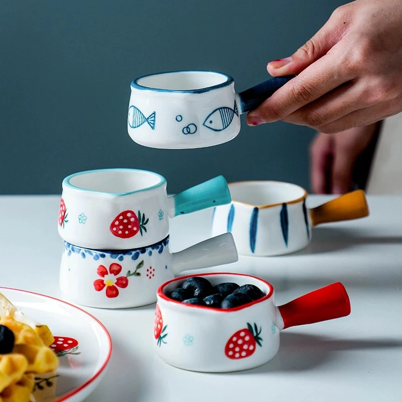 Breakfast Dessert Plate Baking Plate Milk Cup Nordic Style Creative Ceramic Handle Plate Microwave Oven Underglaze Color Plates