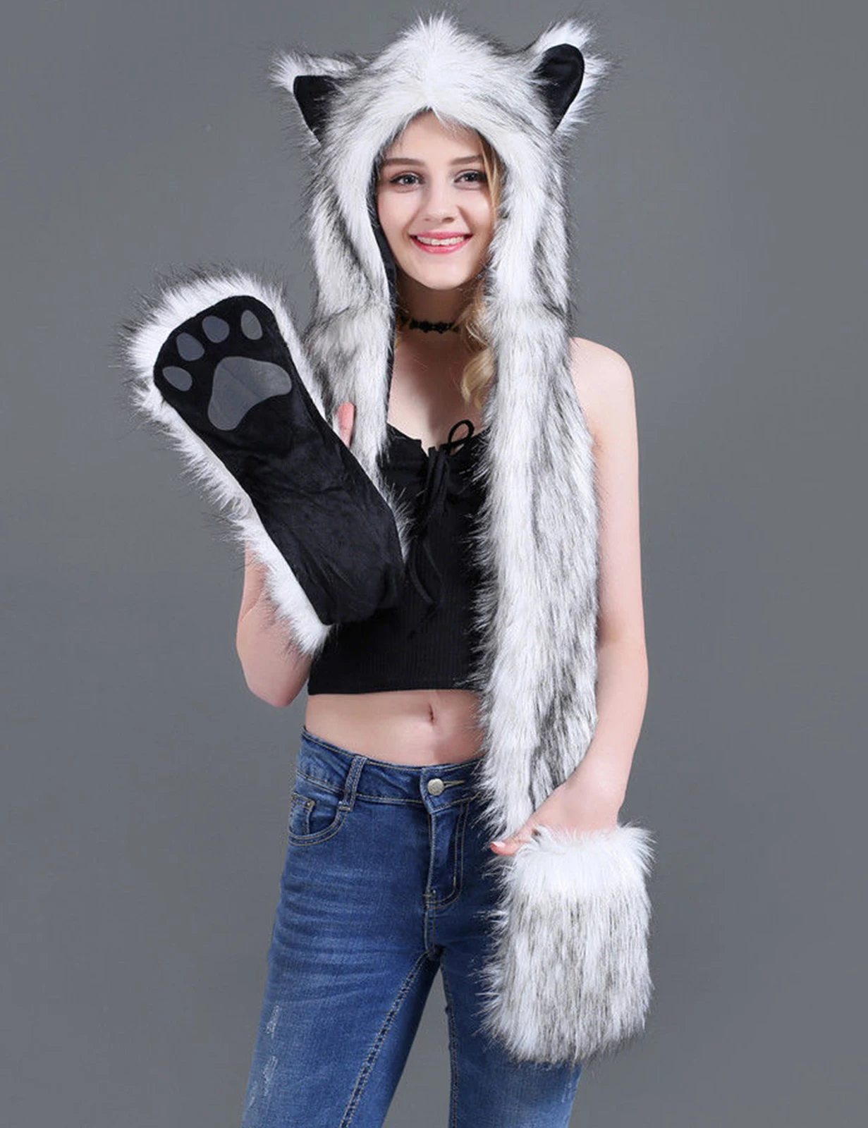 Snow Wolf, Faux Fur Hood Animal Hat Ear Gloves 3 in1 Fleece Hooded Plush Warm Earmuff Warcraft Cap with Scarf Gloves