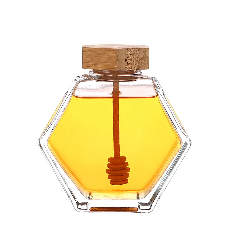 Hexagonal Glass Honey Bottle Wooden Stirring Rod Honey Packaging Bottle 220ML/380ML Small Honey Bottle Container Honey Jar