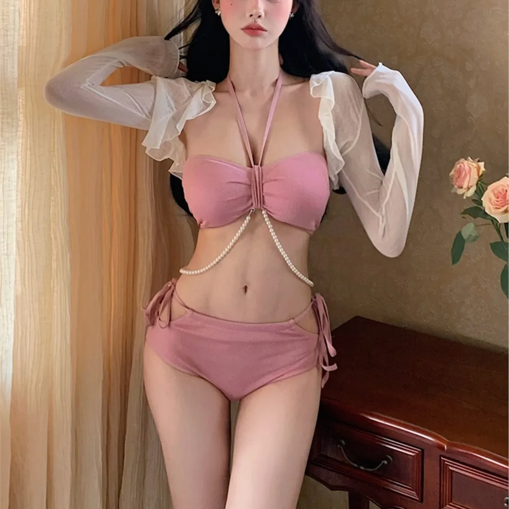 

New Sexy Pure Desire Style Pink Pearl Tube Top Vacation Bikini Three-Piece High Waist White Swimsuit for Women