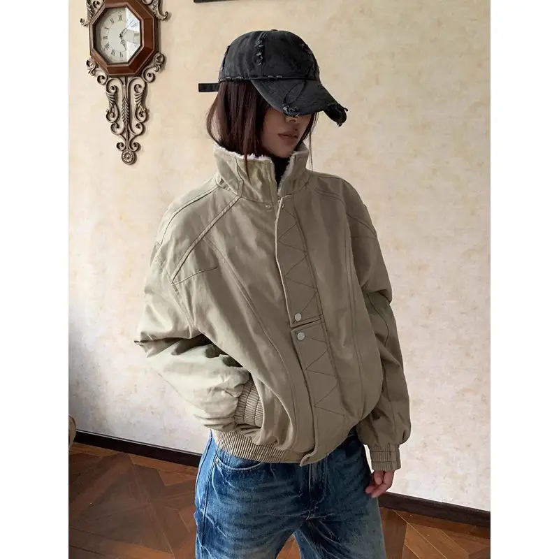 American Stand-up Collar Tooling Jacket Cotton-padded Winter Velvet Short Wide Silhouette Cotton Jacket