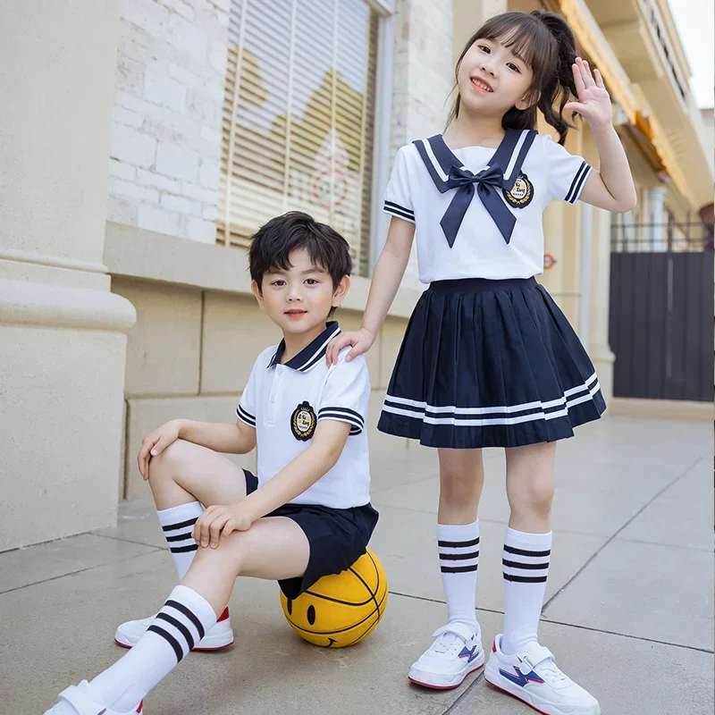 children's class uniforms, summer primary navy skirt for school sailor dress students' pure cotton summer school uniforms,