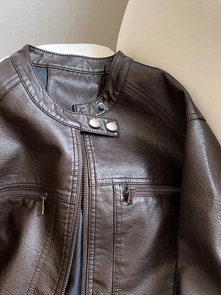 Amerikaanse locomotiefkleding Korte PU-leren jas Dames 2025, lente en herfst, nieuw klein ontwerp, opstaande kraag, jas tij