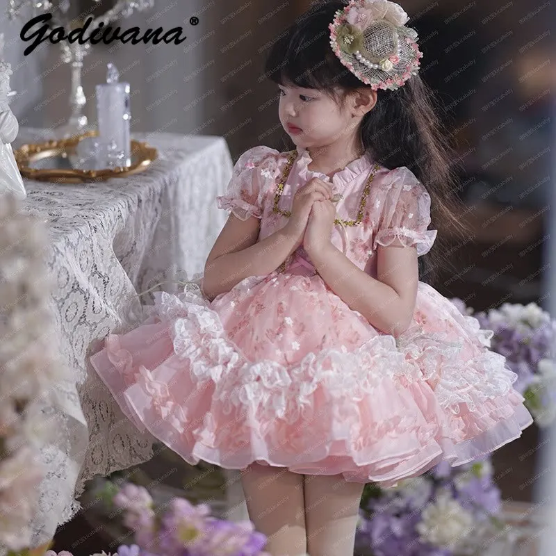 Sweet Baby Girls Tulle Pink Soft Flower Lolita Dress Childrens 2026 Summer New Heavy Puff Sleeve Lace Ruffle Princess Dresses